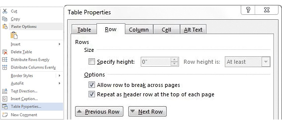 Repeat header row option in Table Proerties dialog box