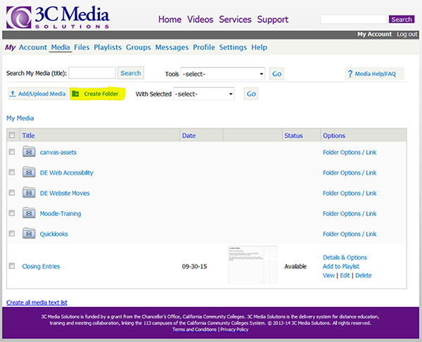 Create Folder button on Media page.