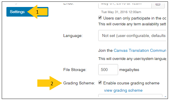 Screenshot to enable course grading scheme and view grading scheme