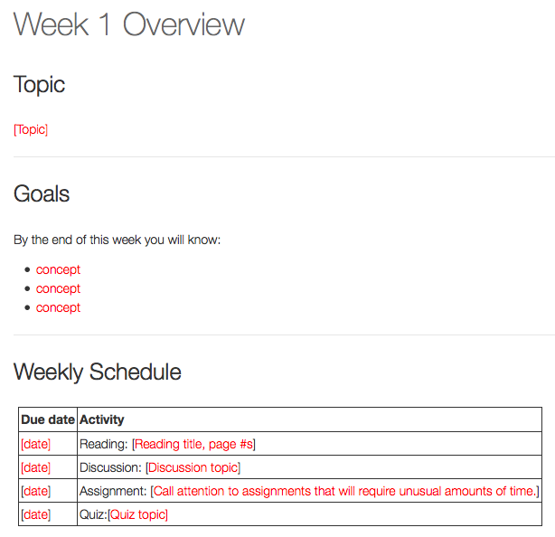 Overview page showing table for Weekly Schedule