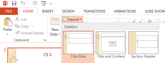 Windows 2013 home tab, Layout Template option
