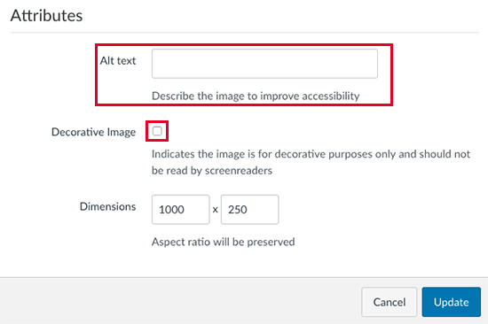Insert/Edit Image dialog box with Add Alt Text field and decorative image choice