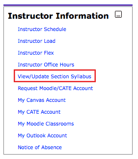 View/Update Section Syllabus option in the Faculty Portal