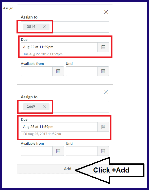 screenshot of settings to assign different due dates to sections in Canvas.