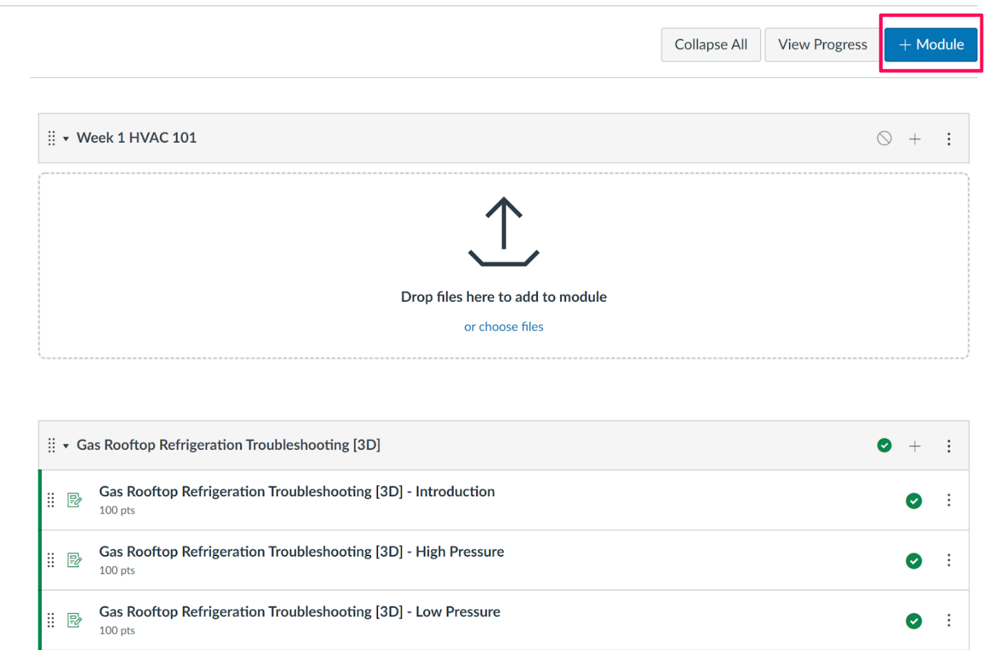 A screenshot of Canvas modules page