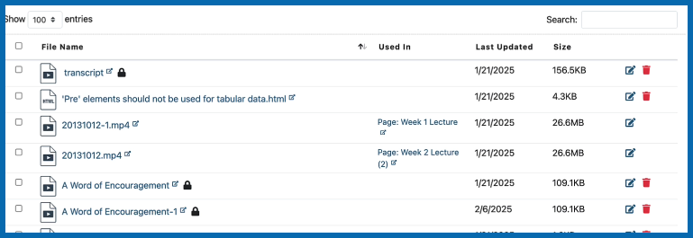 Screenshot of the list of files report
